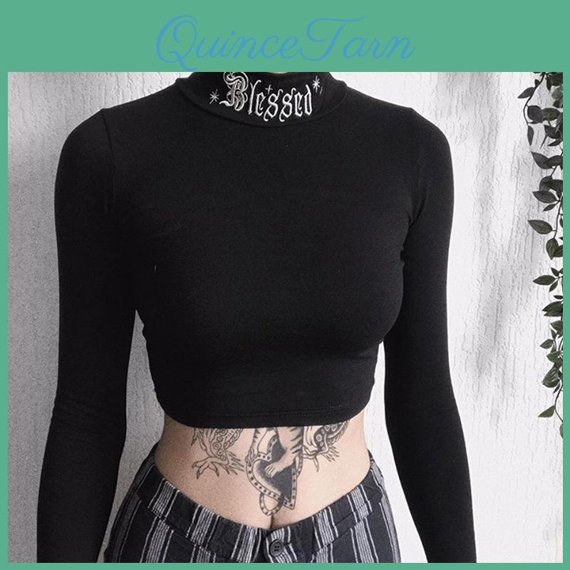 Bodycon Women Long Sleeve Black Crop Tops Gothic Harajuku Letter Embroidery Vintage Solid Tops Female Casual Basic Tops