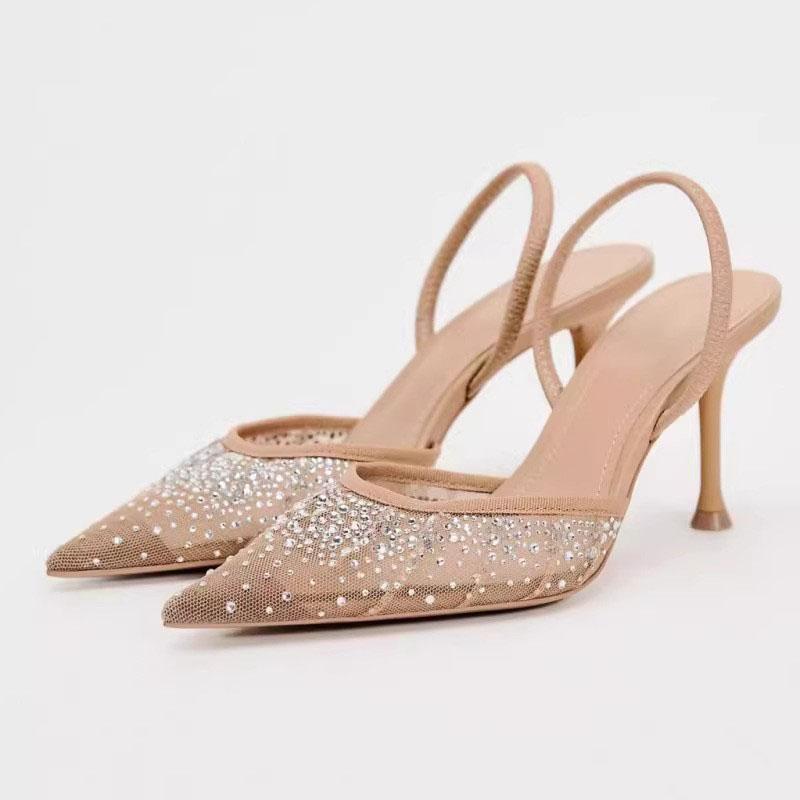 Summer Women's Sandals Rhinestone Bright Mesh High Heels Footwear Elegant Slingback Pointed Slip On Party Lady Pumps Shoes