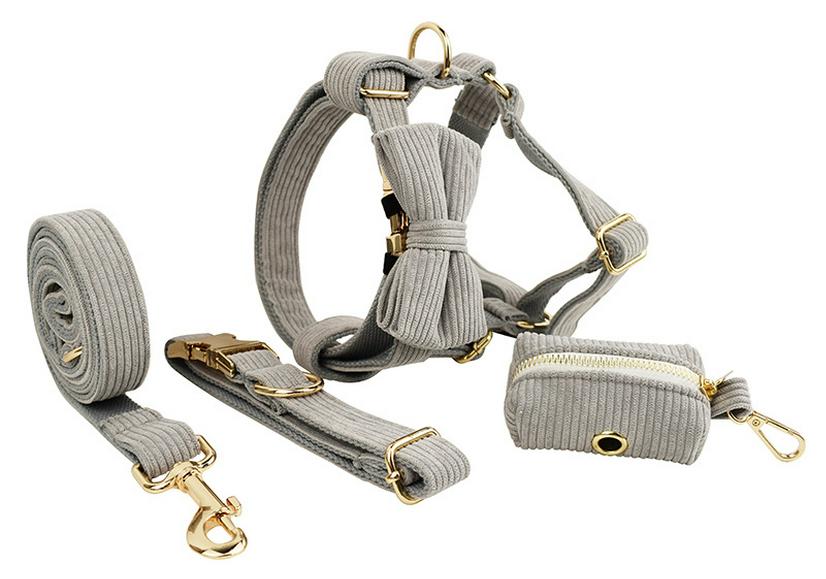 Light Gray Striped Corduroy Dog Collar and Leash Set for Outdoor Use