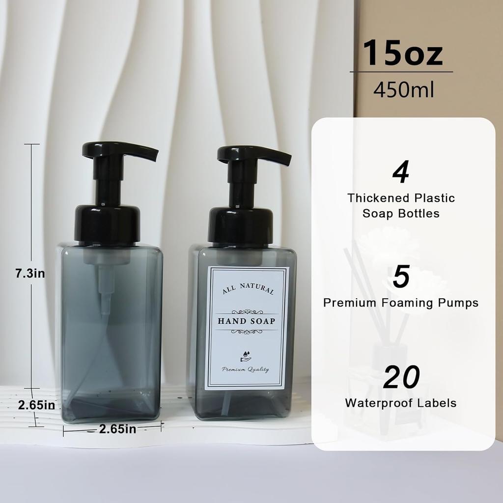 Foaming Soap Dispenser, 4 Pack Refillable Foam Soap Dispenser (Dark Grey) with 20 Pcs Waterproof Labels, Plastic Hand Soap Dispenser Pump Bottle