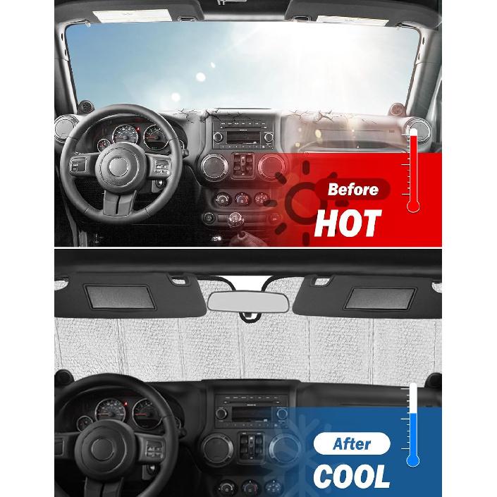 JOYTUTUS Upgraded Windshield Sun Shade Compatible With Wrangler JK JKU TJ, Foldable JK Windshield Sunshade Sun Visor Blocks UV Rays, Sun Shade Shield