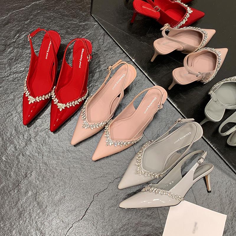 2025 New Summer Word with Nude High Heels Pointed Sexy Rhinestones Beautiful Temperament Versatile Sandals Women