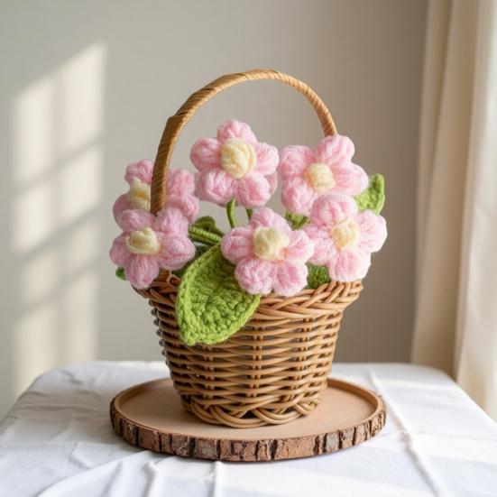 Crocheted Potted Flower Decoration Handmade Knitting Floral Ornament Finished Hand Woven Flower Home Office Table Centerpiece