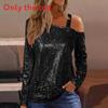 Polyester Long Sleeve T Shirt With Sequin Round Neck For Casual Women