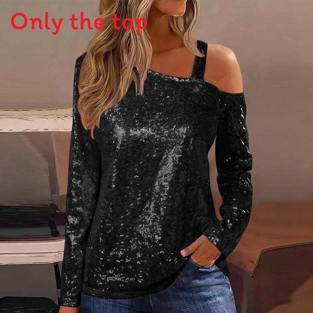 Polyester Long Sleeve T Shirt With Sequin Round Neck For Casual Women