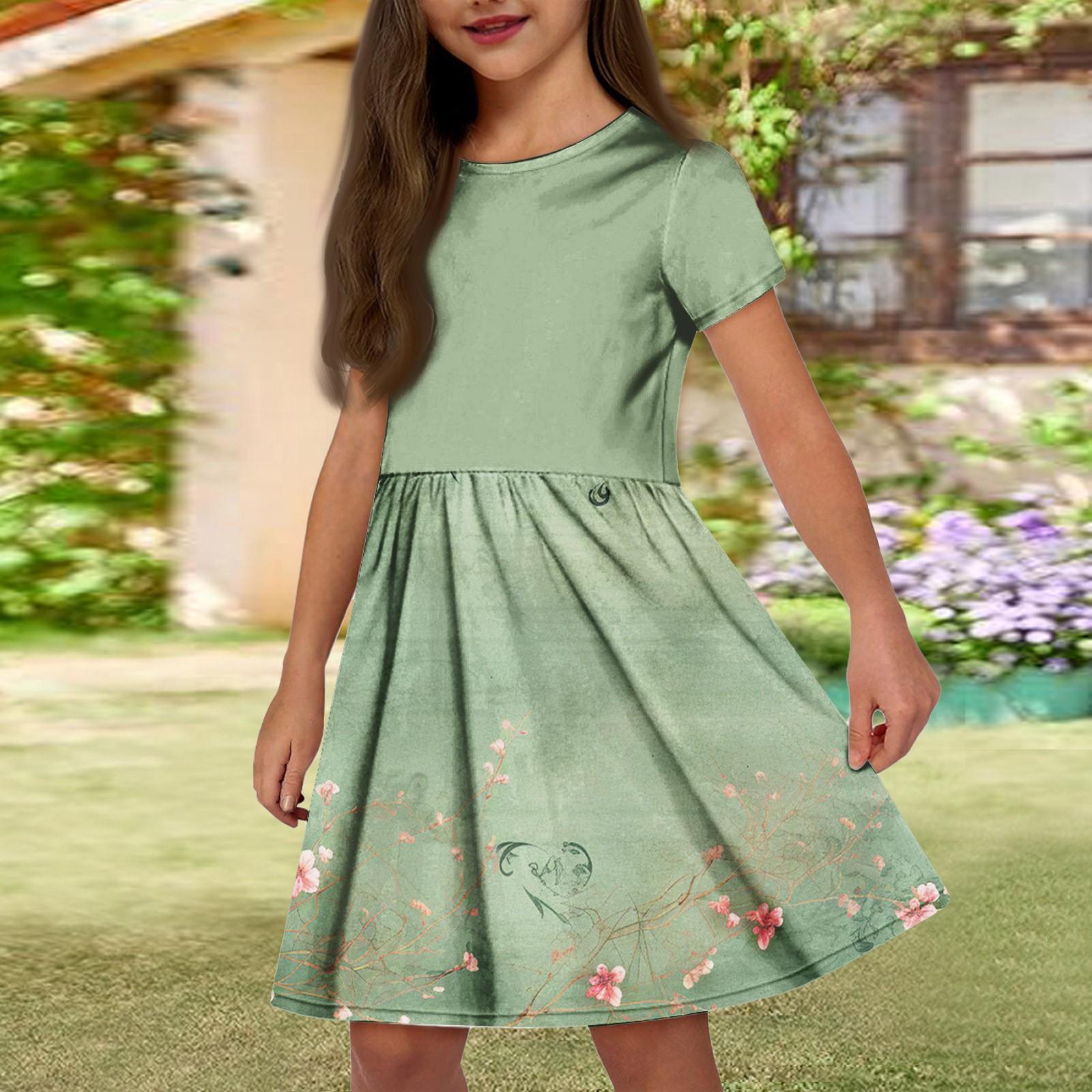 

Летнее платье для девочек, однотонное платье без рукавов с принтом и карманом, повседневное платье, вечернее платье с короткими рукавами 130