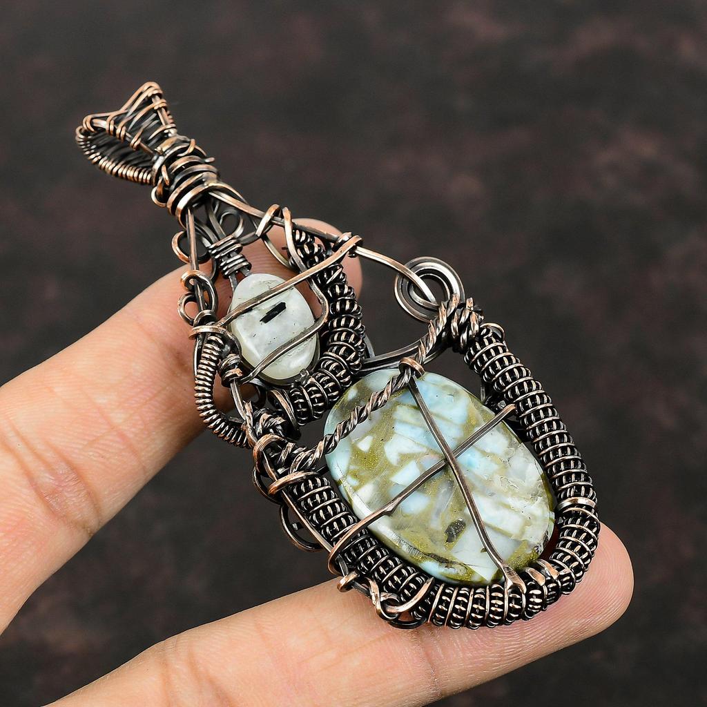 Copper Larimar Pendant Copper Wire Wrapped Pendant Rainbow Moonstone Pendant Copper Wire Wrap Jewelry Gift For Him Handmade Gemstone Jewelry