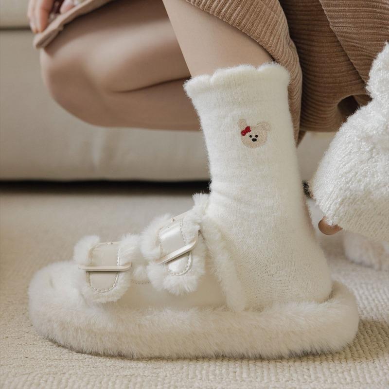Women's Autumn Winter Warm Socks Cartoon Coral Floor Thick Socks Sleep Slippers Fashion Cute Funny Solid Color Socks