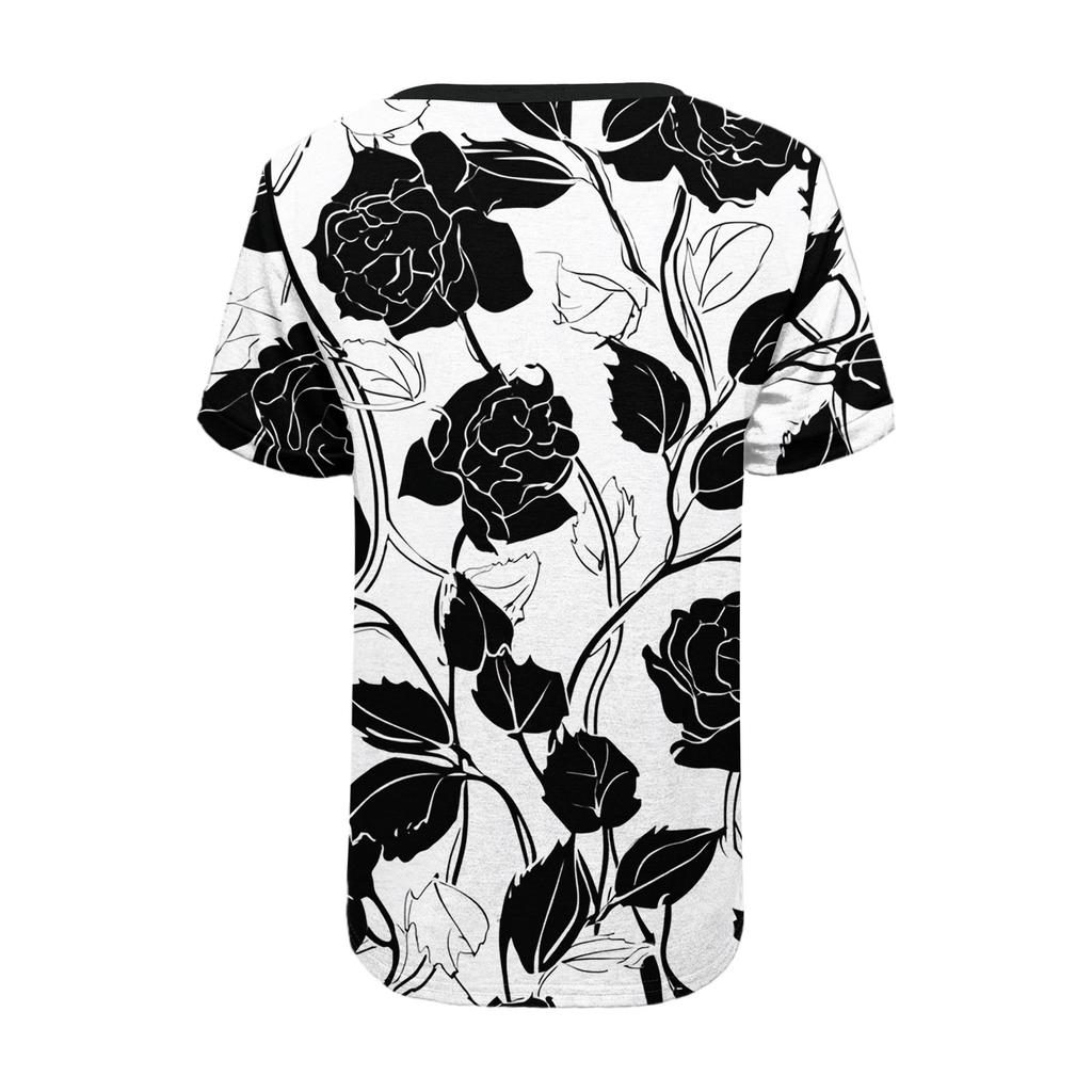 Women's Fashionable Casual Summer Floral Print V-neck Button Short-sleeved Top