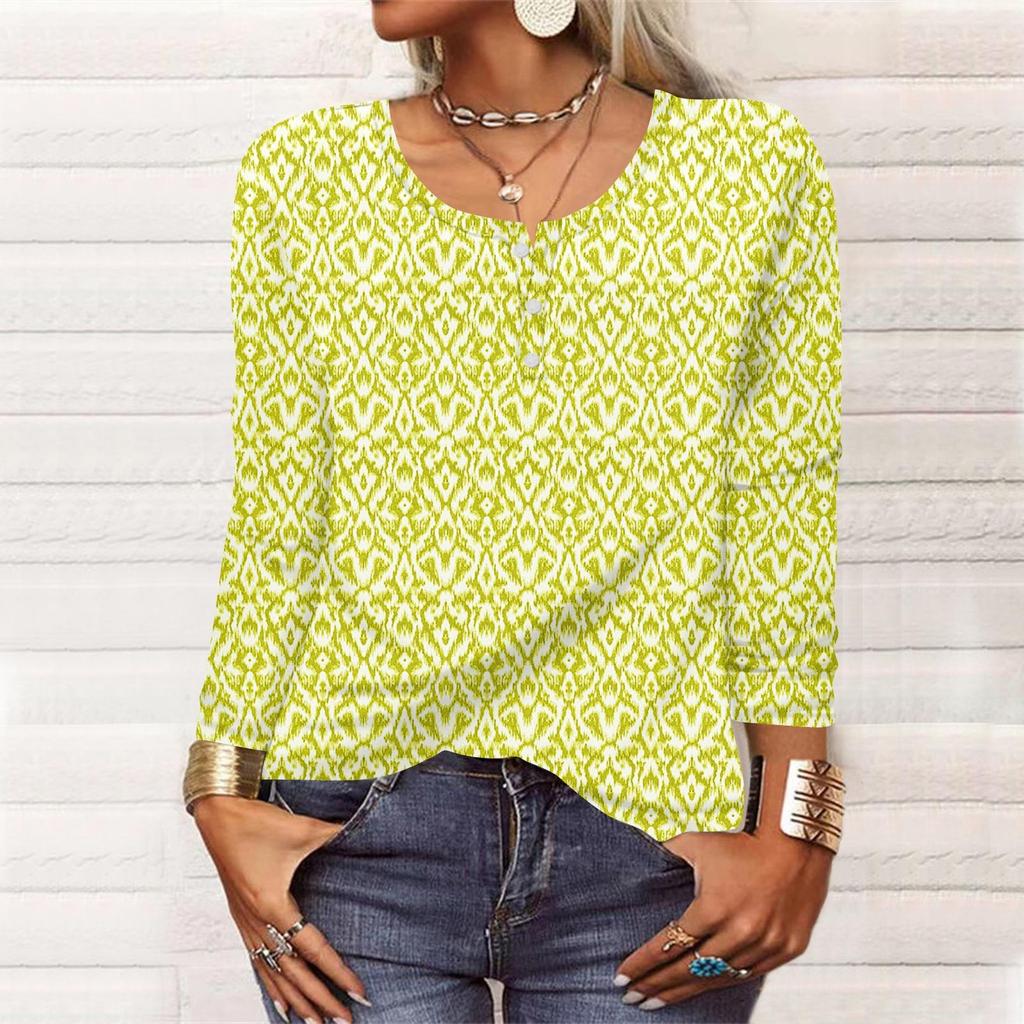 Kadınlar Yeni Düğmeli Moda Baskılı Uzun Kollu Tişört İnce Üst Günlük Üstler