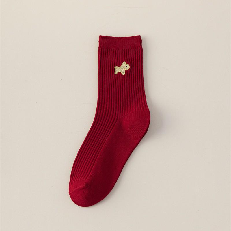 Women's Year of the Horse Red Zodiac Socks, Mid-Calf, Double Needle, Striped, Autumn/Winter.