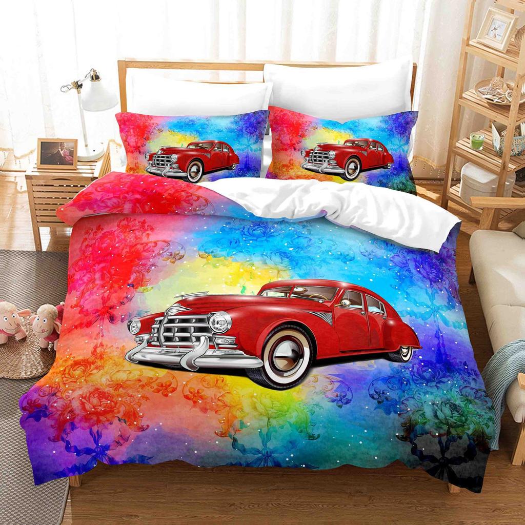3D Digital Printing Quilt Set Three-Piece Cartoon Retro Car