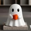 Halloween Home Decor Ghost Drinking Coffee Figurine, 3D Printed Cute White Holding A Mug Party Supplies Statue, Spooky Decoration for Bars, Counters,