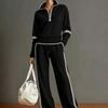 Ensemble de survêtement deux pièces pour femme Sweatshirt à demi-fermeture éclair et col montant Pantalon large à cordon de serrage Rayure contrastante Tenue de sport décontractée