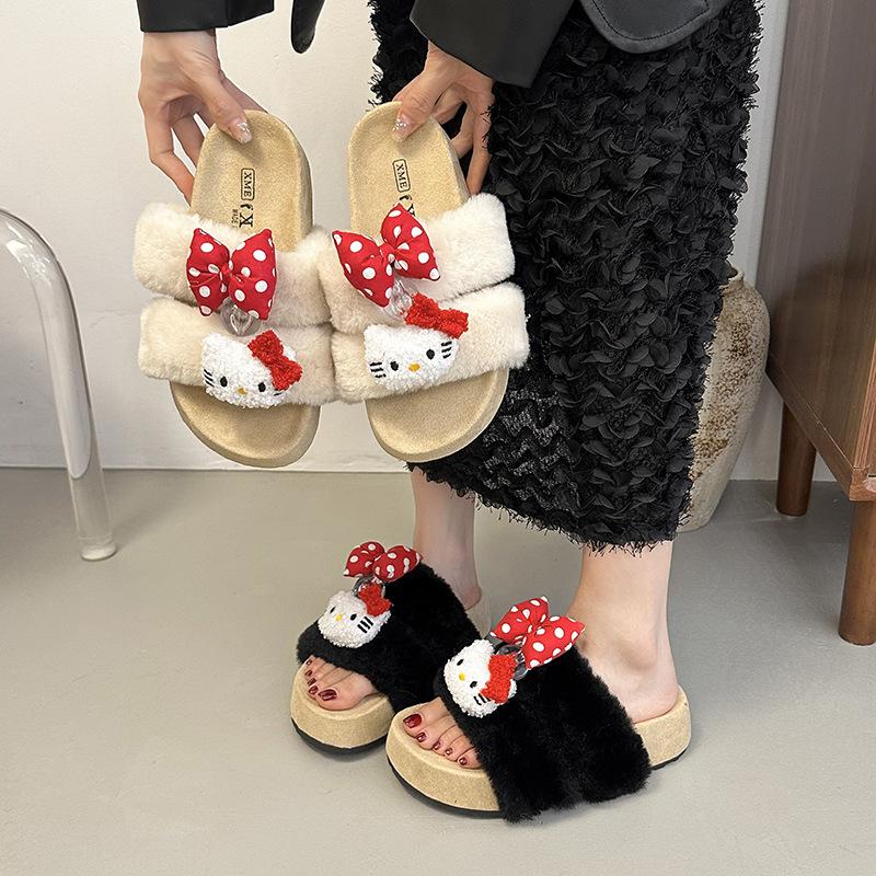 Cute cartoon KT cat thick bottom one-word drag female 2025 new autumn and winter outer wear non-slip warm lazy hairy drag