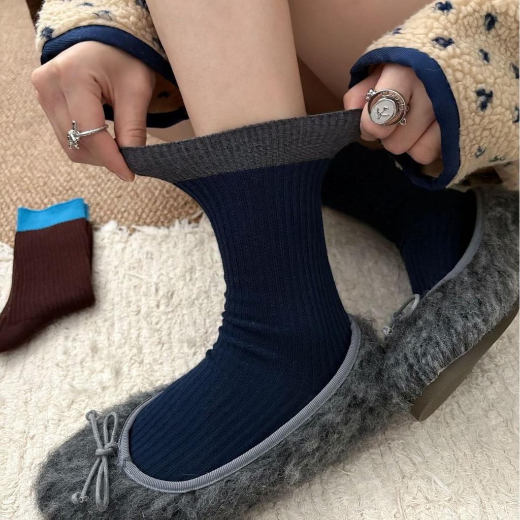 Autumn and Winter Retro Women's Socks In Navy Blue and Brown, Double-needle Mid-calf, Pile Socks, Versatile and Color-blocking for Women