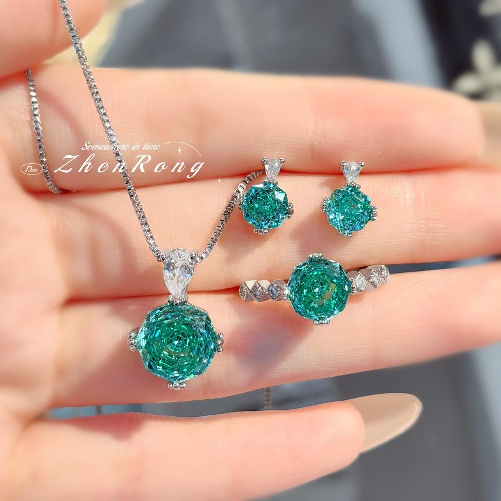 

Millennium Cut Paraiba Necklace Pendant with High Carbon Diamond Earrings Rose Flower Ring Set