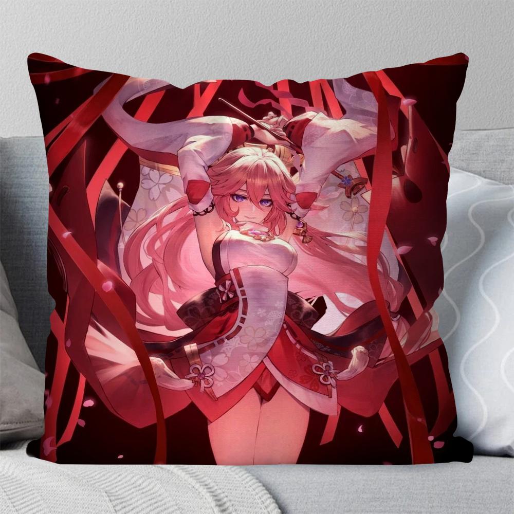Yae Miko Animation Game G-Genshin I-Impact Pillow Case Square Pillow Bedroom Sofa Leisure Car Living Room Home Decoration 40X40