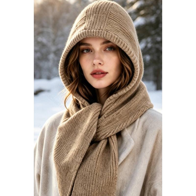 Meier Knitted hooded, scarf integrated hat, autumn and winter warm ear protection pullover hat, unisex thickened