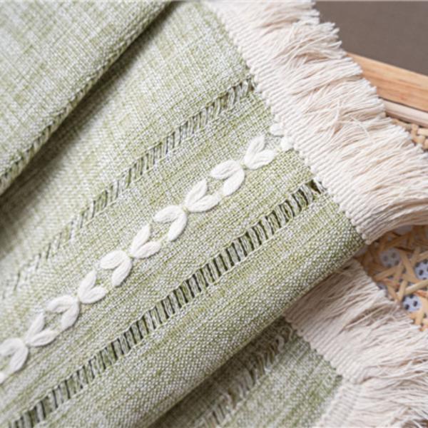 2026High Quality Finished Curtains, Striped Embroidery, Green Solid Color Contrast, Kitchen Curtains, Rural Style, Semi Shaded Bay Windows
