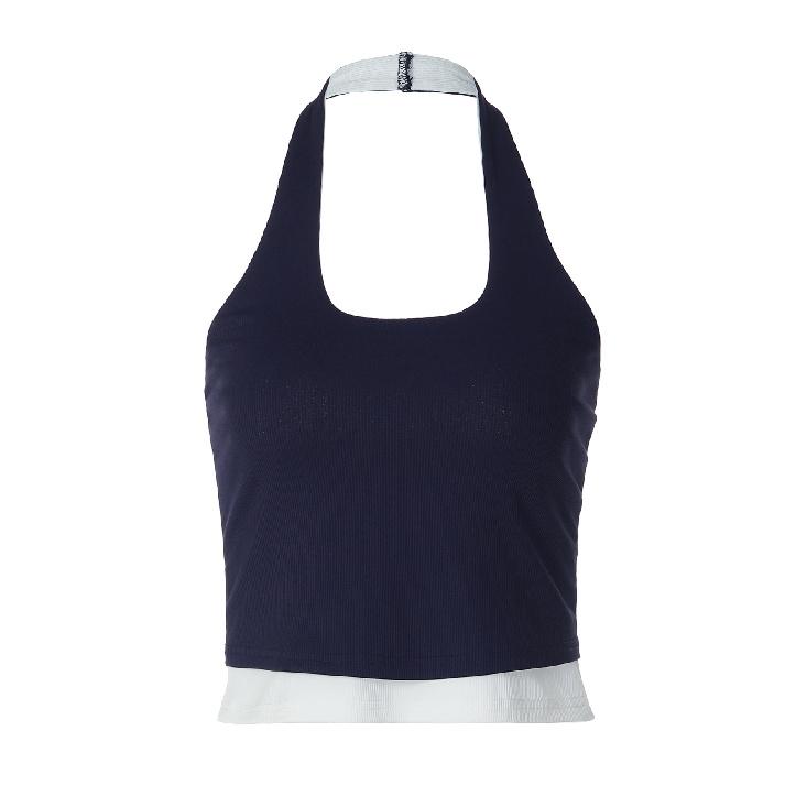 Women Halter Neck Fake Two Piece Vest Tank Top Ribbed Knit Summer Casual Sleeveless Crop Top S
