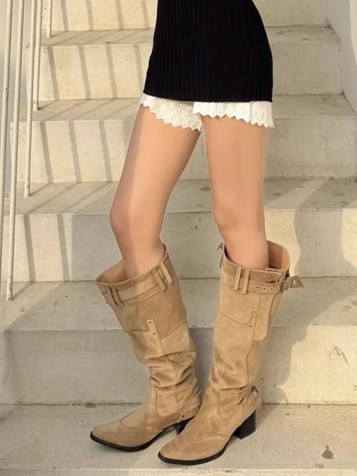 Vintage Maillard Boots Big Tube Skinny Pleated Pile Boots Women's Summer Pointed Thick Heel Khaki Boots