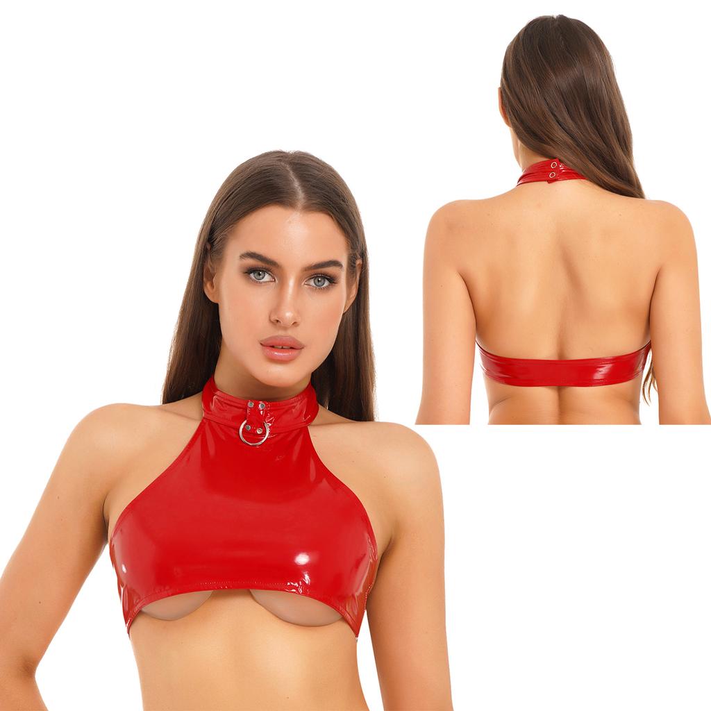 Dámské spodní prádlo Wet Look Lakovaná Leather Halter Vest Crop tílko Rave Clubwear