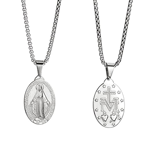 Deelfel Women's Gold Necklace with Venetian Chain, 45cm, Miraculous Medal, Virgin Mary Necklace, Oval, Amulet, Medal Pendant, Stainless Steel, Hypoall