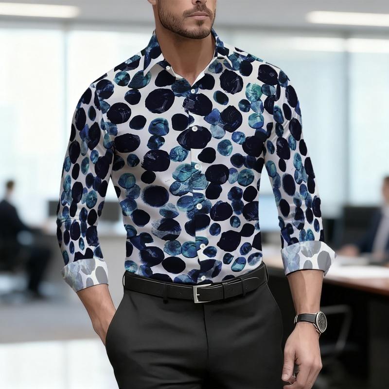Camicia da uomo 2026, nuova, a pois bianchi e neri, a maniche lunghe, da lavoro, vestibilità slim, alla moda, casual, tessuto di alta qualità