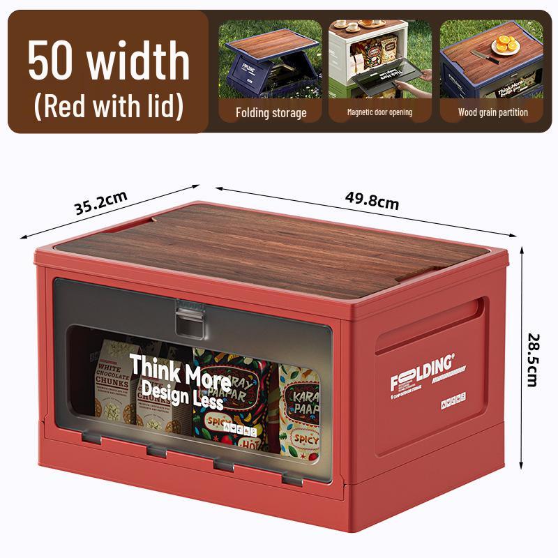 XL Folding Outdoor Storage Box with Wood Lid & Side Opening for Camping & Car Trunk Organization