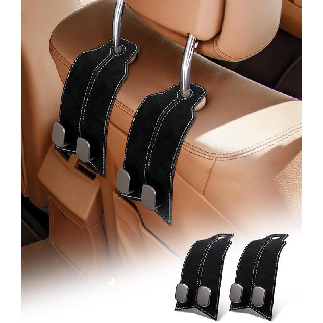 Purse Hook for Car, Car Hooks for Seat Headrest Metal & Premium Leather 2025 Latest, Auto Headrest Hanger Organizer Accessories for Purses and Bags, BLACK 2Pack