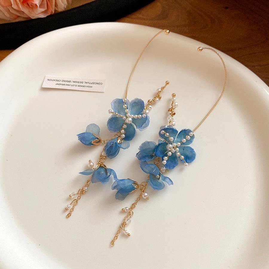 

Seaside vacation style pearl chiffon flower fringed ear hanging fresh and sweet temperament earrings light luxury high-end earrings women