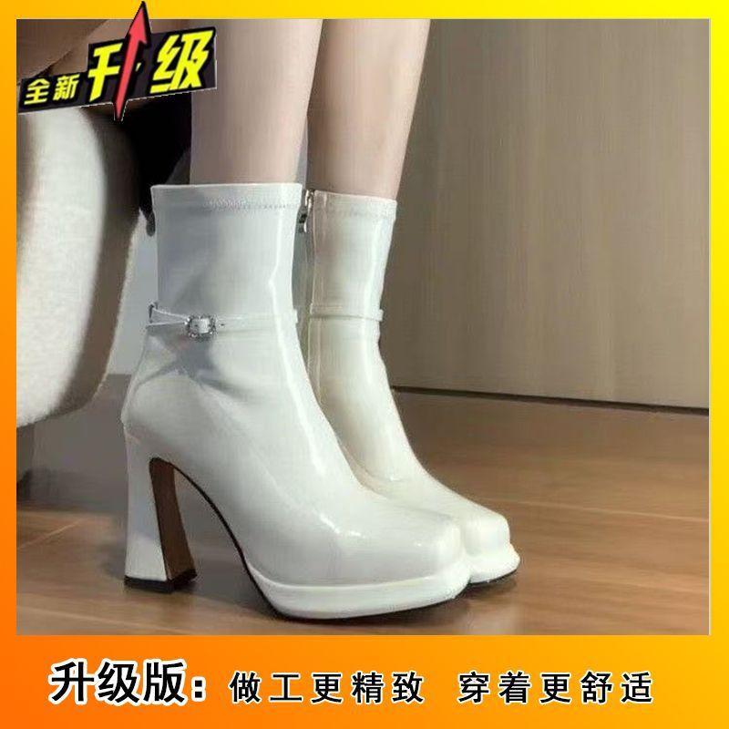 Square head high-heeled short boots children's 2025 spring and autumn new fashionable versatile comfortable heightened thick heel Martin boots women