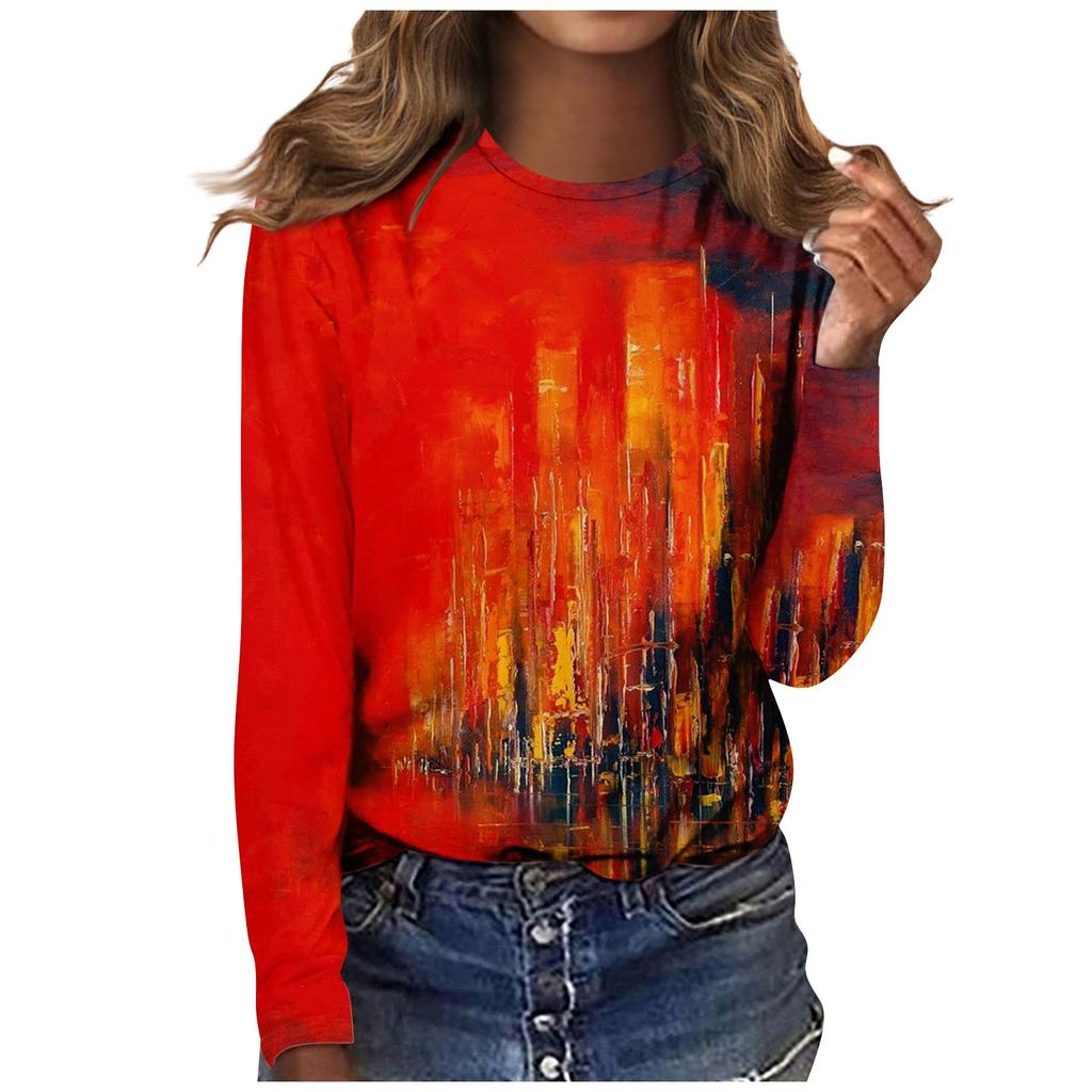 Damenmode, lässig, langärmelig, bedruckt, Rundhalspullover, Top-Bluse