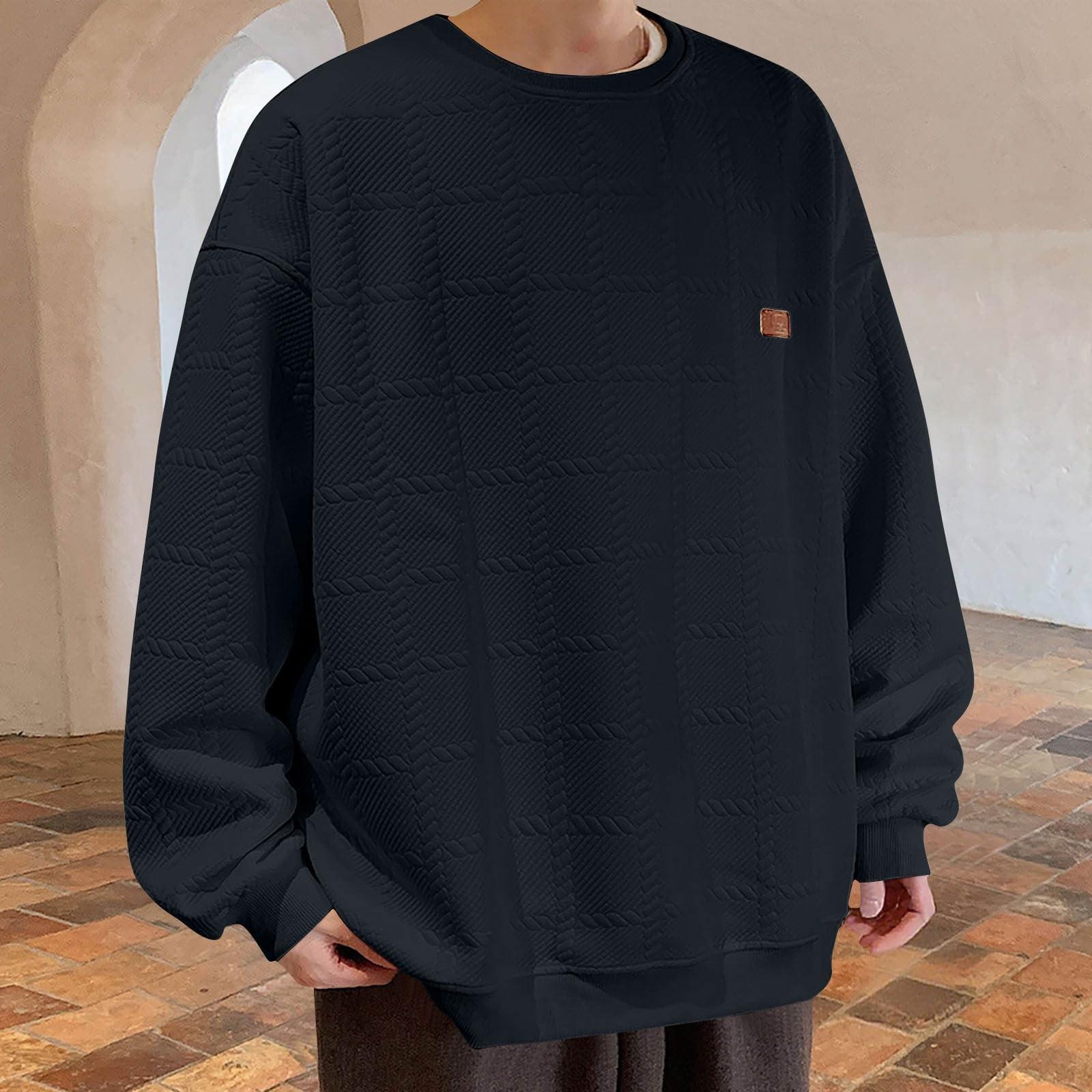 

Men s Round Neck Textured Knitted Shirts Casual Long Sleeve Blouse Tops Loose Basic Shirts L чорний