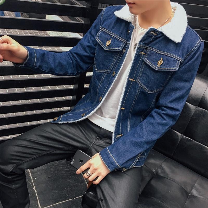 

Мужская приталенная зимняя джинсовая куртка с подкладкой из овечьей шерсти S