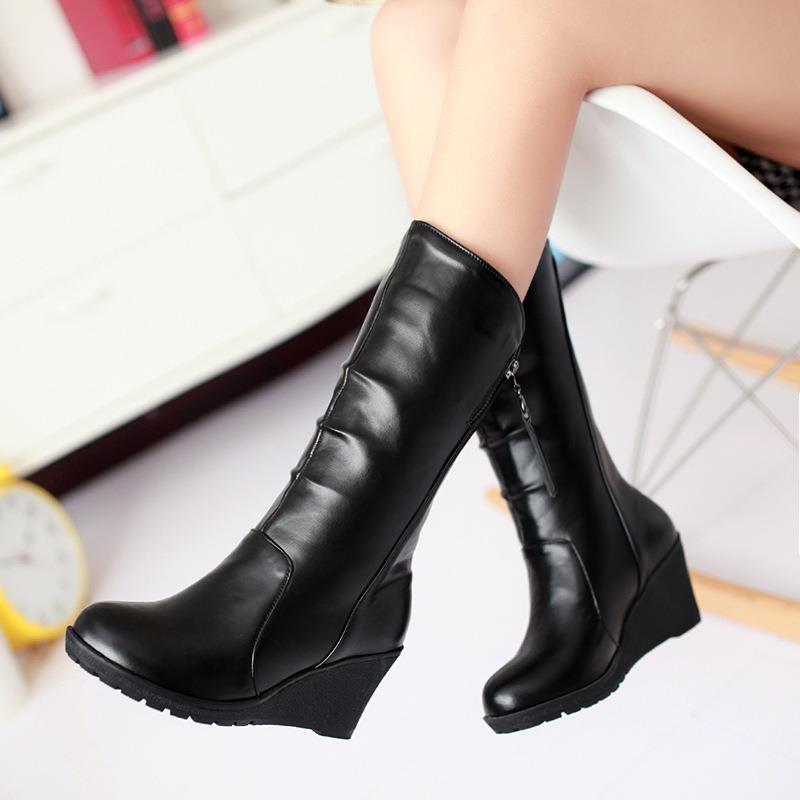 Women's Boots Mid Calf Korean Style Simplicity Casual Boot Wedges Heel Autumn and Winter Side Zipper Knight Boots Women Shoes