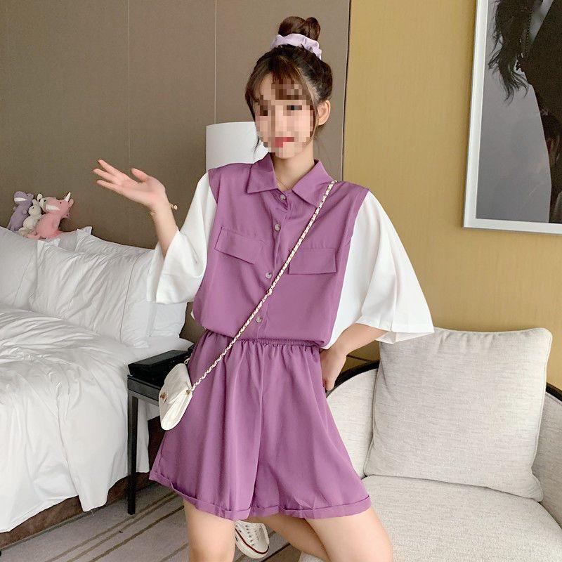 

Summer Color Block Cashmere Set: Women s Tag Collar Top & Wide-Leg Shorts S (75-90 lbs)