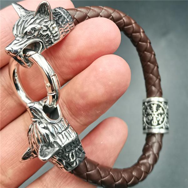 Wolf Head Bracelet Stainless Steel Viking Rune Bead Leather Bracelet Jewelry For Women Men Unisex Gift