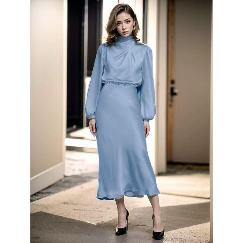 

Fashion Wind New Arrival Fancy Satin Long Sleeve Loose Dress Lantern Sleeve Satin Dress Blue S