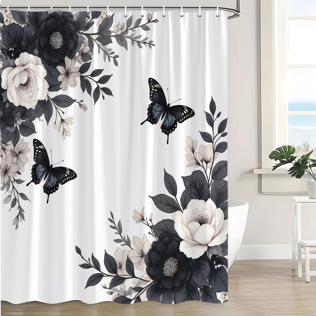 Floral Shower Curtains for Bathroom, Spring Flower Butterfly Bathroom Decor with Hooks, Washable Polyester Fabric Shower Curtain