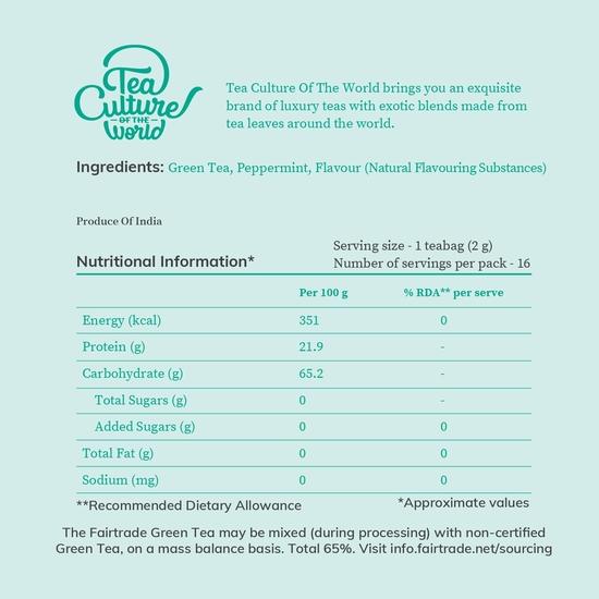Tea Culture of The World Moroccan Mint Tea Herbal Teabags Premium First Quality Green Teabags Moroccan Green Tea Leaves Mint, 16 Count,32 Grams