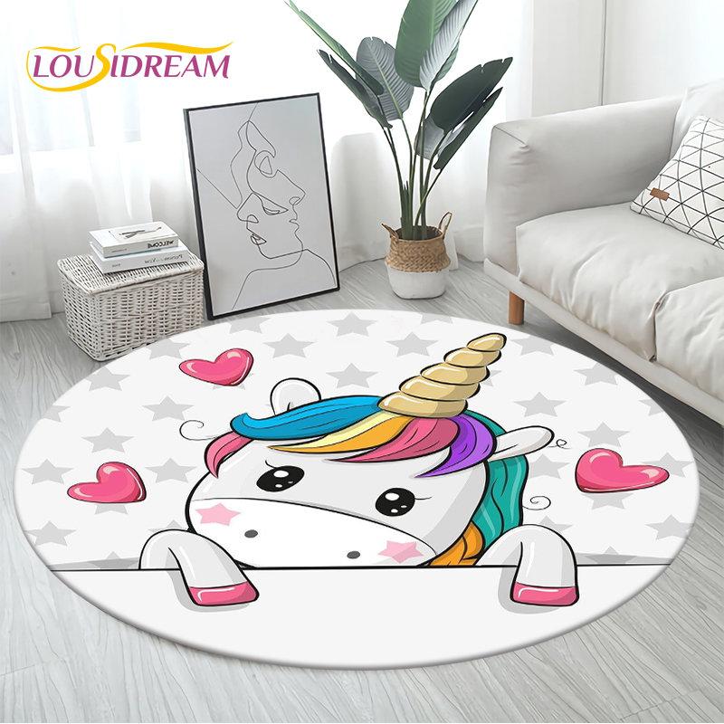 3D Cartoon Cute Unicorn Area Rug Large,Round Carpet Rug for Living Room Bedroom Sofa Decoration,Children Play Non-slip Floor Mat