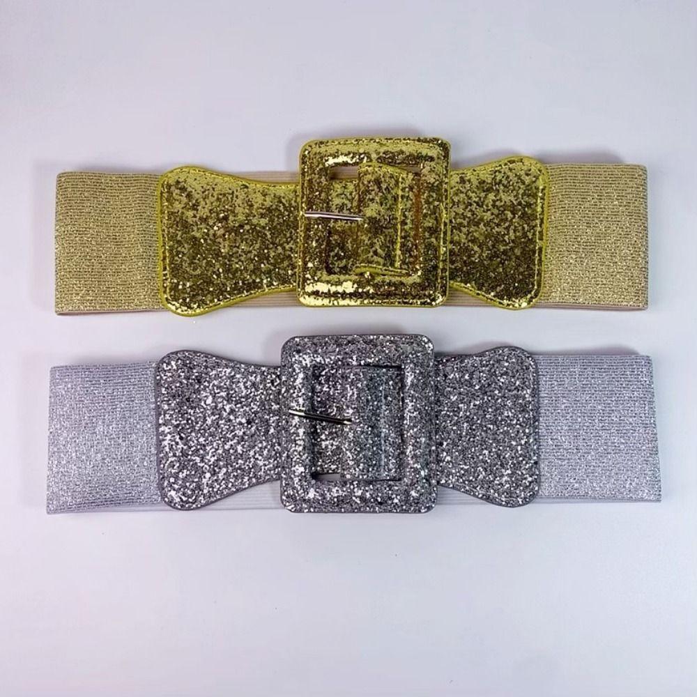 Waist Closure Fashion Wide Waist Belt Vintage Sparkling Wide Waistband Adjustable Blingbling Sequin Elastic Belt Party Club