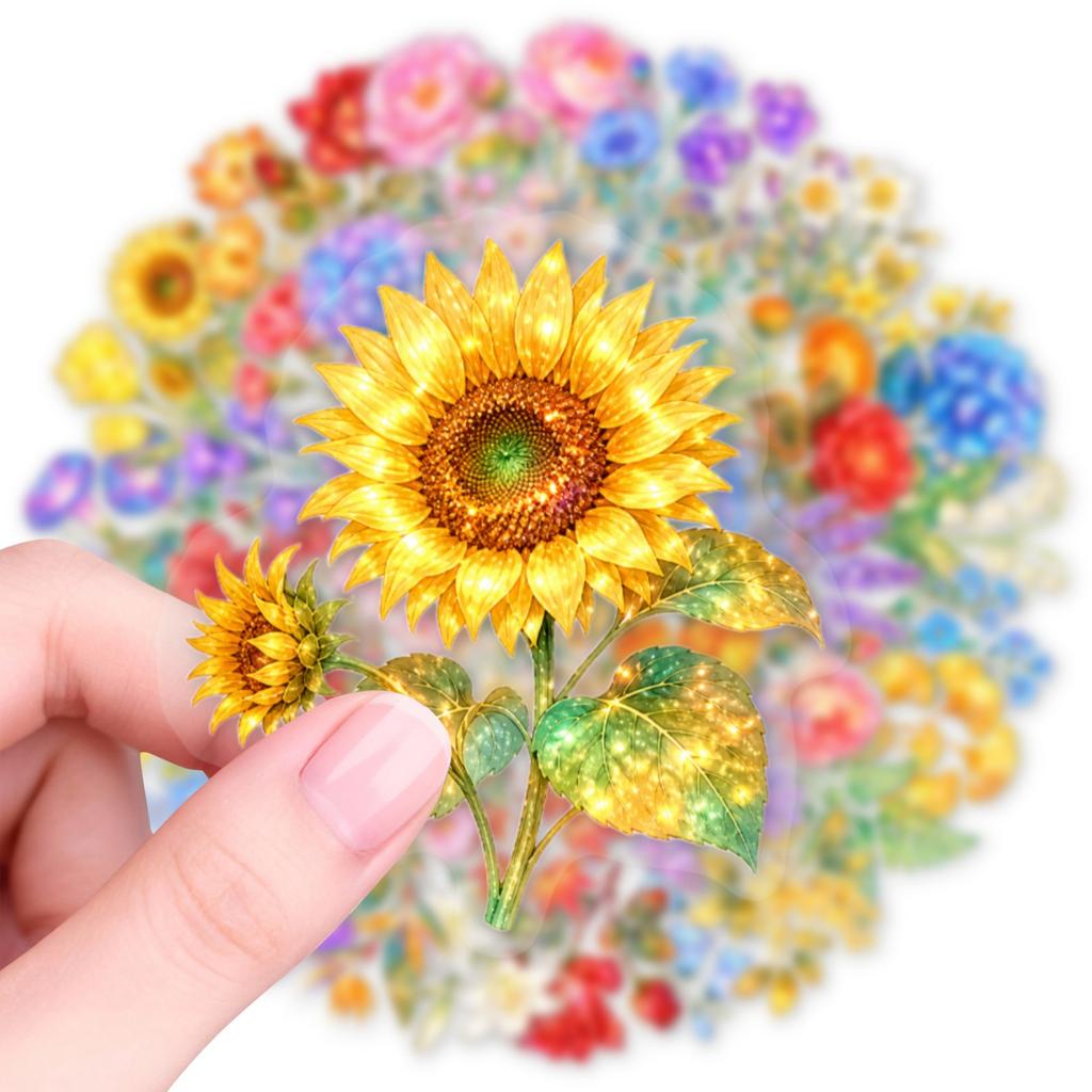 50Pcs/Set Dazzling Flowers PET Stickers Waterproof DIY Fashion Decals Journal Stickers