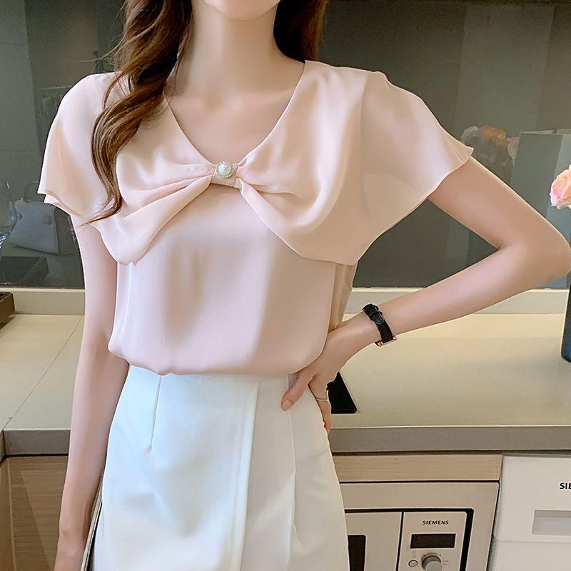 WTEMPO Short-sleeved Chiffon Shirt Women Summer Dress Bow Shows Thin Korean Fashion Thin Top Solid Color Y2k Top