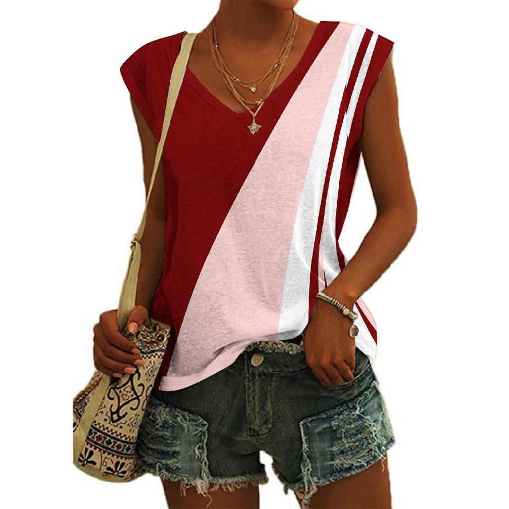 Women's Casual Top V-neck Print Loose Pullover Short Sleeve T-shirt