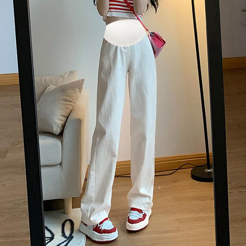 

Джинсы широкие для беременных, свободные осенние модели, модные мамы, высокая посадка с бандажом для живота, тонкие и драпирующиеся брюки прямого кроя до пола L белый