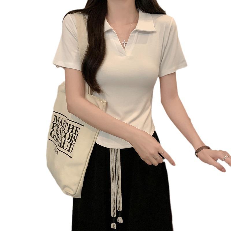 Pure desire style white lapel collar short-sleeved T-shirt for women's summer new Korean version slim-fit irregular polo collar bottoming shirt for