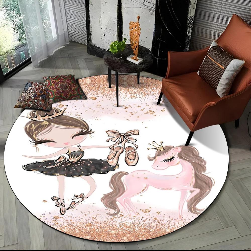 Cartoon Ballet Girl Fairy Ballerina Flower Round Carpet Rug for Living Room Bedroom Child Decor,Pet Area Rug Non-slip Floor Mat